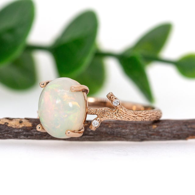 2020s 1.9cts Ethiopian Opal Ring With Diamond Accents in 14k Rose Gold | Oval 10x8mm, Size 6.75 For Sale - Image 5 of 8