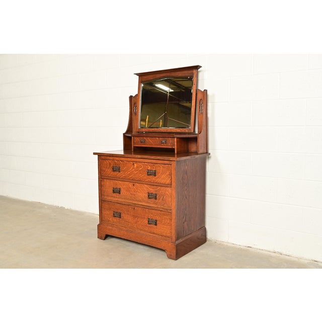 Mission Liberty & Co. Antique English Mission Oak Arts & Crafts Vanity Dresser With Mirror, Circa 1900 For Sale - Image 3 of 13