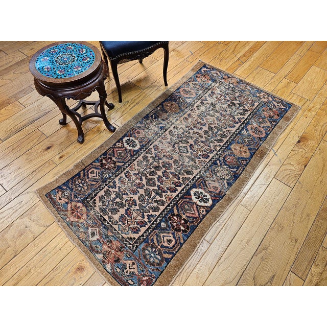 Vintage Malayer Area Rug, Hand-Knotted Wool, Allover Geometric Design, Camelhair & Blue, 3x6 For Sale - Image 4 of 13