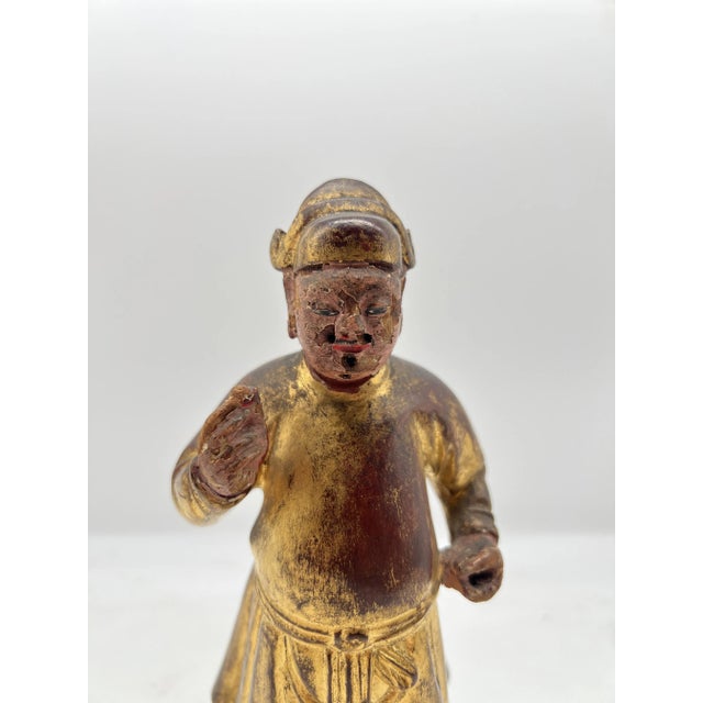 19th Century Antique Chinese Carved Gilt Wood & Polychrome Decorated Figure For Sale - Image 5 of 9