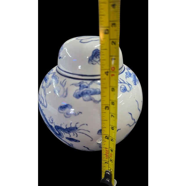 Vintage Hand-Painted Blue and White Dragon Ginger Jar With Matching Lid For Sale - Image 9 of 9