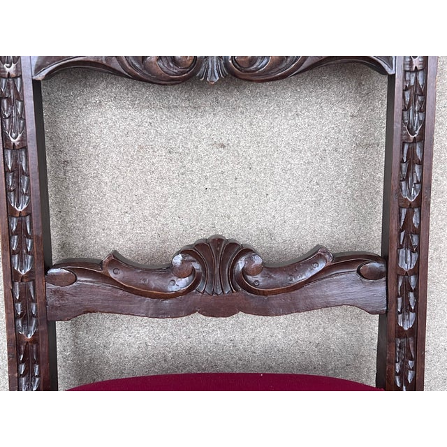 Ruby Red 19th Century Set of Six French Carved Walnut Turned Wood Chairs With Velvet Seat For Sale - Image 8 of 13