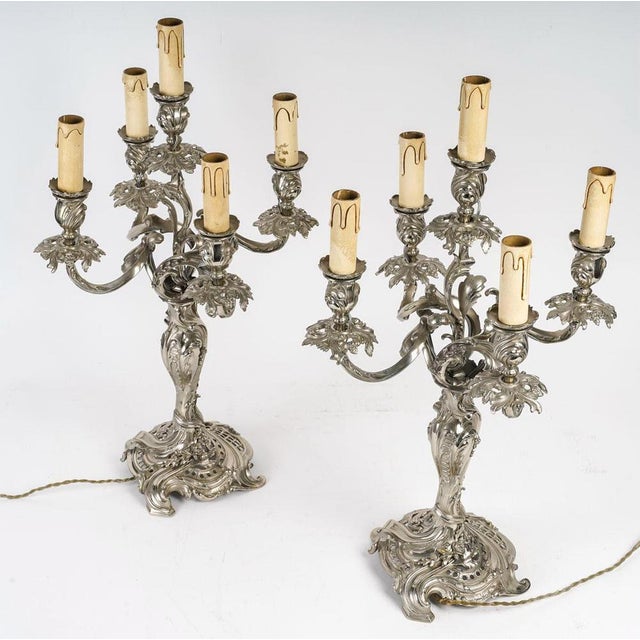Louis XV Style Silver Plated Bronze Candelabra, 19th Century, Set of 2 For Sale - Image 3 of 8