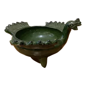 Antique Green Glazed Clay Bowl/Ashtray Flying Dragon
