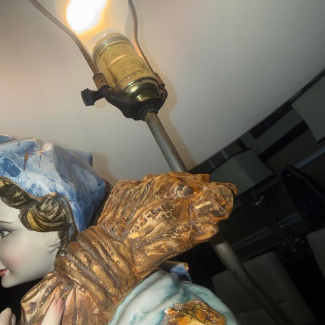 Vintage Italian Capodimonte-Style Hand Painted Porcelain Pheasant Lady With Lamb Figurine Lamp For Sale - Image 11 of 17