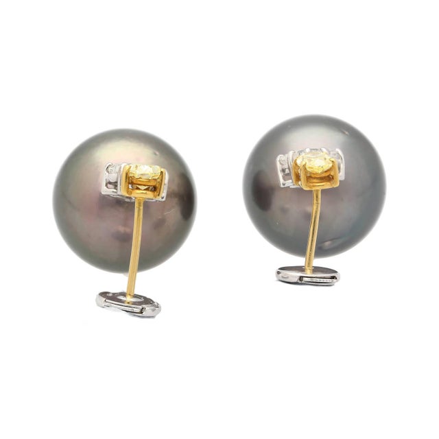 Black Black Pearl With Fancy Yellow & White Lily Cut Diamond Drop Earrings For Sale - Image 8 of 8