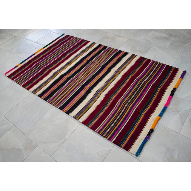 1960s Hand Woven Colorful Kilim Striped Rug - 4′ × 6′8″ For Sale - Image 6 of 11