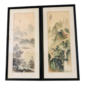 Vintage Chinese Landscape Framed Watercolor Panels - Pair