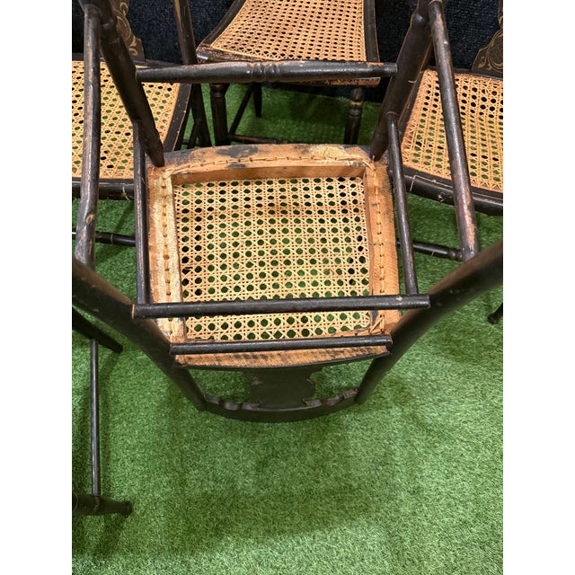 Brown 19th Century Hitchcock Style - Set of 5 Antique Painted Stenciled Caned Dining Room Set For Sale - Image 8 of 11