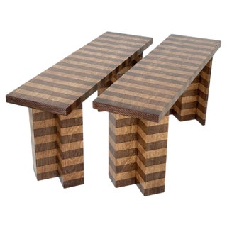 Set of Striped Oak Twin Benches by Goons For Sale
