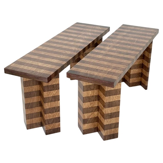 Set of Striped Oak Twin Benches by Goons For Sale