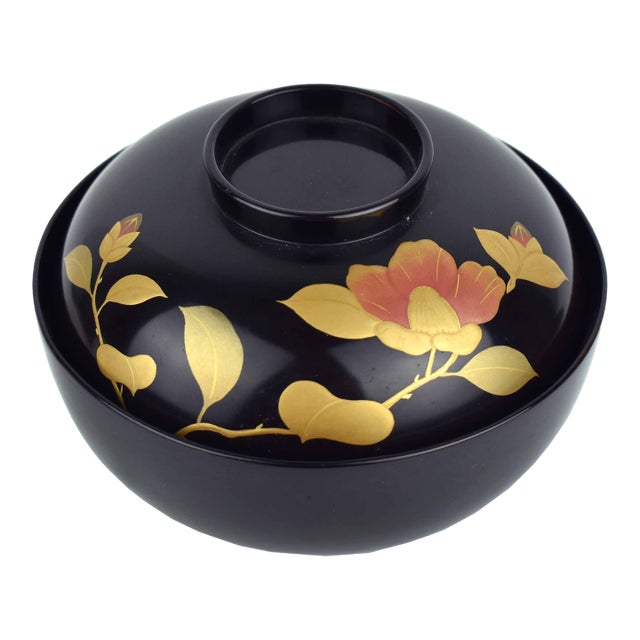 Mid 20th Century Hand Painted Laquerre Heian Zohiko Lidded Covered Rice Bowl Japan For Sale