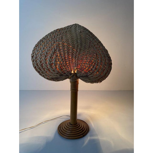 Italian Bamboo, Cane and Rattan Table Lamp with Fan-Shaped Shade in the style of Ingo Maurer, 1960s For Sale - Image 13 of 18