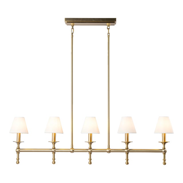 Aloadecor Transitional Warm Brass Linear Chandelier With Fabric Shades For Sale