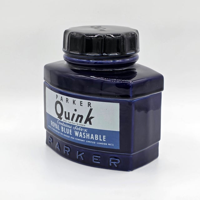A charming 1982 Parker Quink Royal Blue ceramic advertising display jar by Silver Crane. Modeled after a Parker Quink ink...