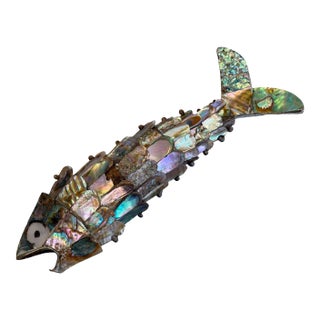1960s Mid-Century Modern Articulated Fish Bottle Opener Barware Abalone and Silver For Sale