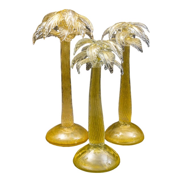 Mid 20th Century Signed Murano Italy Gold Fleck Glass Palm Tree Candlestick Candleholders- Set of 3 For Sale