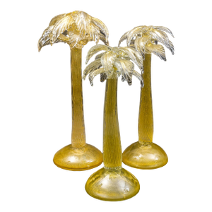 Mid 20th Century Signed Murano Italy Gold Fleck Glass Palm Tree Candlestick Candleholders- Set of 3