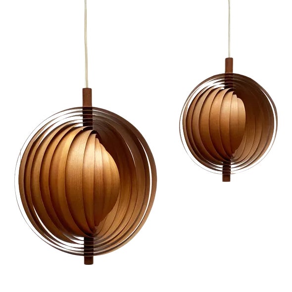 Mid-Century Moon Lamps in Teak Wood, 1960s, Set of 2 For Sale