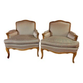20th Century Pair of Bergère Armchairs in Striped Silk. For Sale