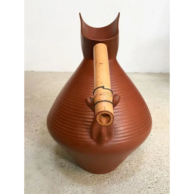 Large Studio Pottery Terracotta Jug Vase with Bamboo Handle, 1950s For Sale - Image 6 of 12