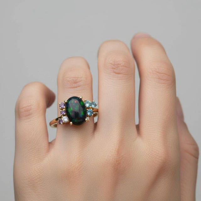 Black Opal Multicolor Ring in 14k Gold, Size 7.5 For Sale - Image 4 of 9