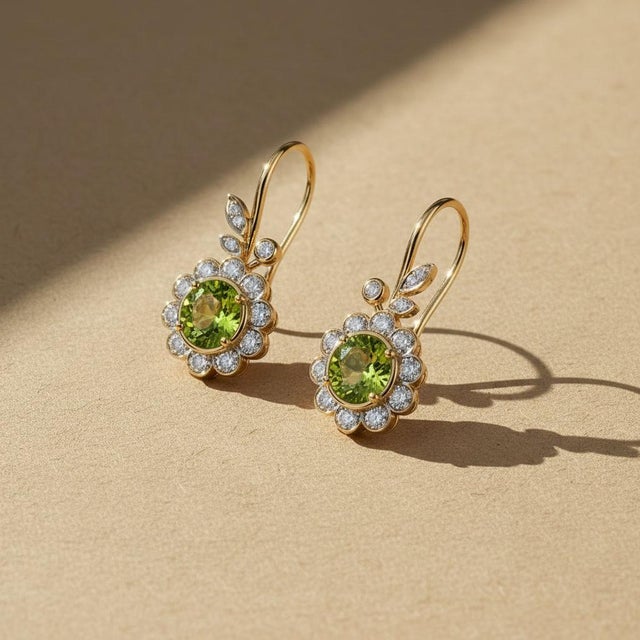 Art Nouveau Peridot Flower and Leaf Drop Earrings, Silver, Gold, Pair For Sale - Image 4 of 7