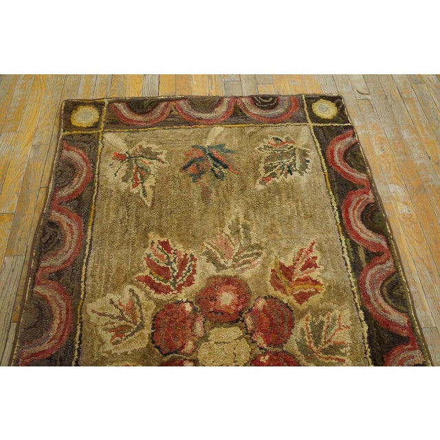 Textile 1900s Brown Floral Antique Fan Arc Border American Folk Art Hooked Small Rug For Sale - Image 7 of 15