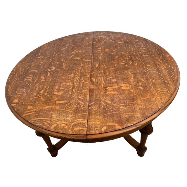 Early 20th Century Old English Revival Round Expansion Dining Table, Baluster Legs Quarter Sawn Oak For Sale - Image 4 of 15