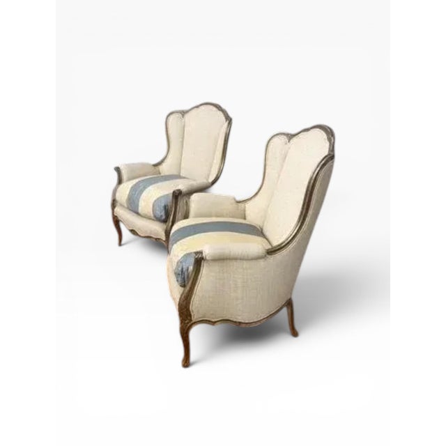 Wood Pair of Early 20th Century Louis XV–Style Wingback Bergère Chairs With Gilt Frames For Sale - Image 7 of 17