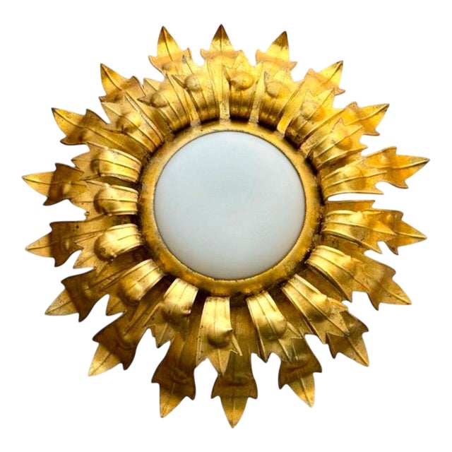 Large Spanish Gilt Crown Flush Mount with Round Curve Glass Shade, 1950 For Sale