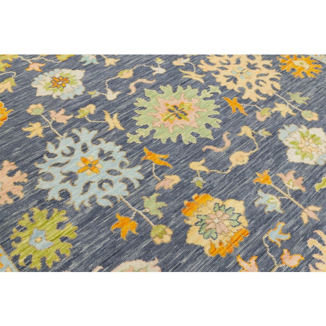 Modern Hand-Knotted Oushak Style Wool Rug in Slate Blue, Ochre & Pastel Accents For Sale - Image 10 of 11