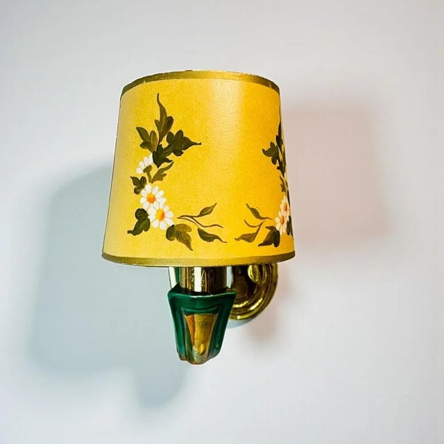 Gold French Art Deco Green Ceramic Wall Sconces with Hand-Painted Half Shades, 1940s, Set of 2 For Sale - Image 8 of 16