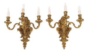 Antique French Louis Revival 3-Branch Ormolu Wall Lights, 1890s, Set of 2