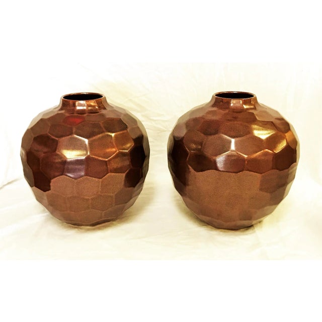 Large Geometric Honeycomb Style Ceramic Vases With Copper Glaze- a Pair For Sale - Image 9 of 9