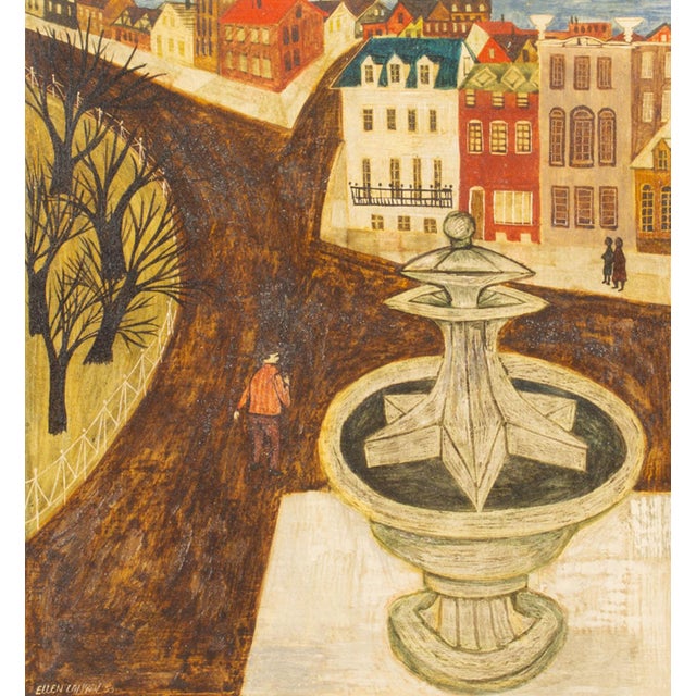 A 1953 oil on board painting of a street scene by the American artist Ellen Lanyon (1926-2013). This painting depicts a a...
