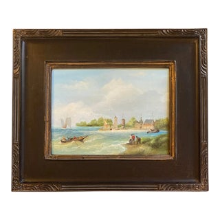 Satori Gregorakis Oil Painting of a Dutch Riverscape With Sailboats and Figures For Sale