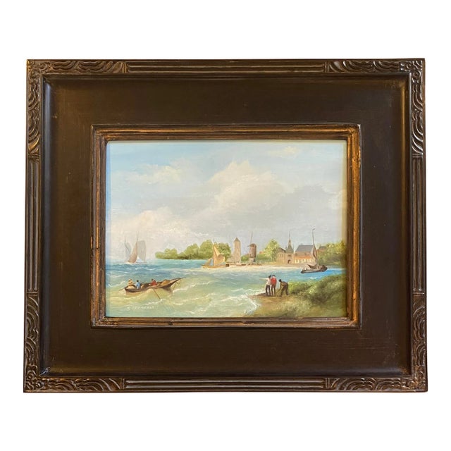 Satori Gregorakis Oil Painting of a Dutch Riverscape With Sailboats and Figures For Sale