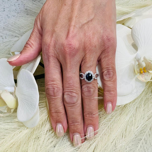 Blue Natural Sapphire Diamond Ring Size 6.25 14k W Gold 2.93 TCW Certified For Sale - Image 8 of 10
