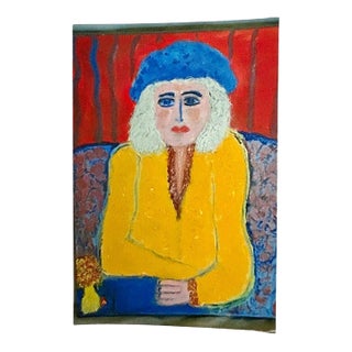 Abstract Female Painting of a Lady Wearing a Blue Hat, 24” X 18” For Sale