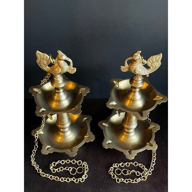 Boho Chic Vintage Pair of Hanging Two Tiered Brass Peacock Diyas For Sale - Image 3 of 12