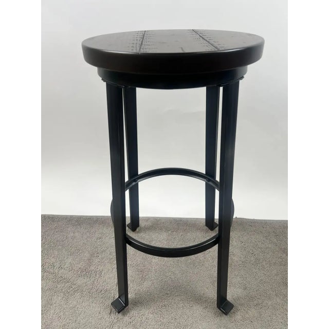 Early 21st Century Vintage Industrial Style Round Wood Top Bar Stools W Black Iron Legs, Set of 4 For Sale - Image 5 of 11