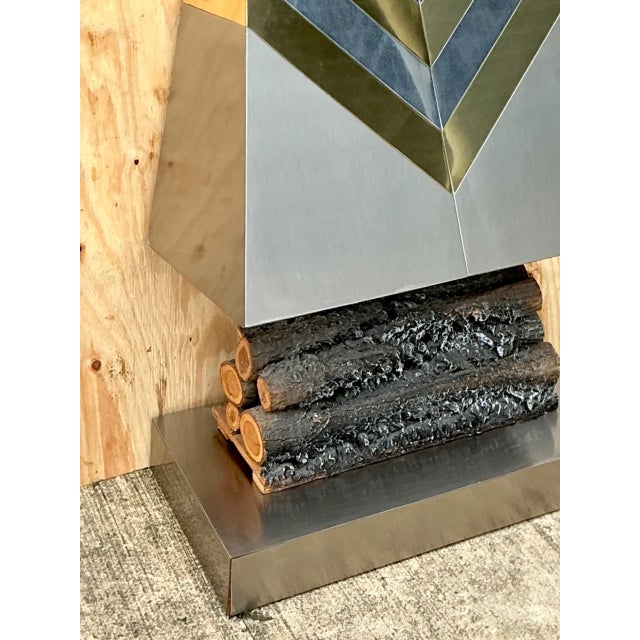 Late 20th Century Vintage Boho Chevron Brass and Chrome Faux Fireplace For Sale - Image 5 of 10
