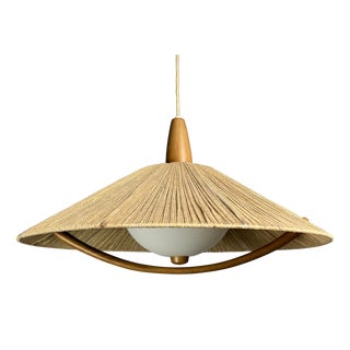 Large Mid-Century Teak and Sisal Cord Pendant Light from Temde Leuchten, 1960s For Sale