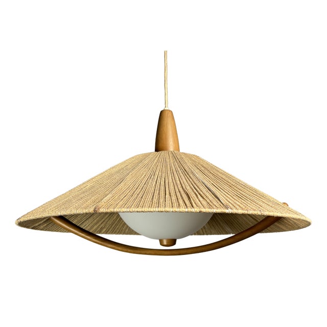 Large Mid-Century Teak and Sisal Cord Pendant Light from Temde Leuchten, 1960s For Sale