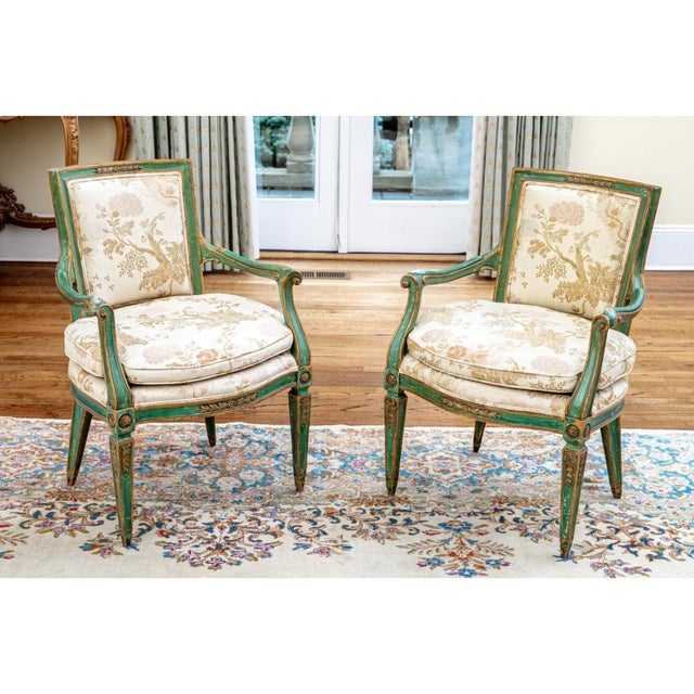 Wood Extraordinary Pair of Antique French Louis XVI Style Painted Armchairs For Sale - Image 7 of 13