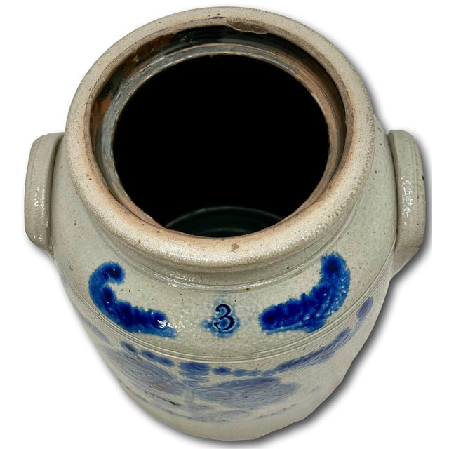 Ourtstanding Antique Large 3 Gallon Size American Blue Hand Decorated Stoneware Butter Churn - Circa 1870s For Sale - Image 10 of 18