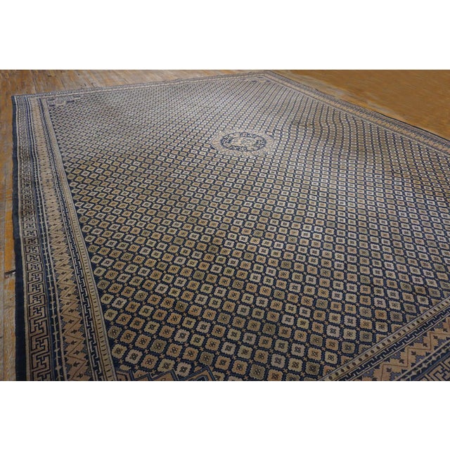 Rectangle Wool Allover Geometric Hand Knotted Pile 1920s Large Antique Blue Rug For Sale - Image 4 of 11