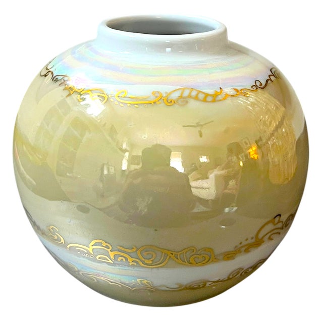 Bunny Williams Home Vintage Signed Studio Porcelain Globe Vase With Iridescent Mother-of-Pearl Luster & Raised Gilt Art Nouveau Decoration in the Style of Loetz For Sale - Image 4 of 6