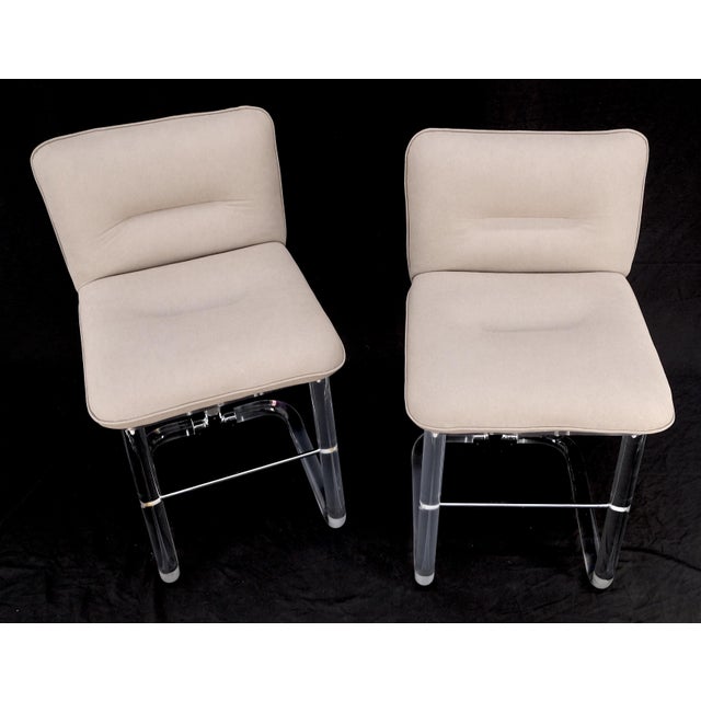 Pair Bent Lucite 1970s New Alcantera Upholstery Swivel Barstool Chairs Chairs For Sale - Image 14 of 15